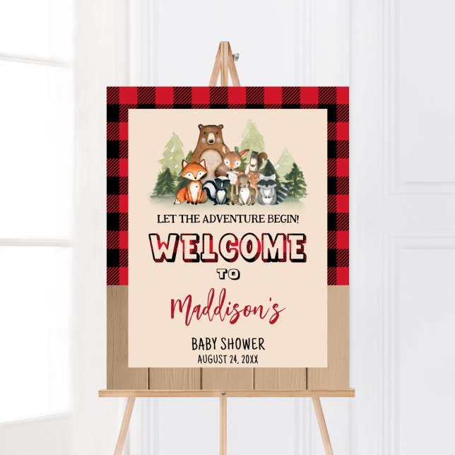 Woodland Lumberjack Baby Shower Welcome Poster (Plaid Lumberjack Baby Shower Welcome Sign)