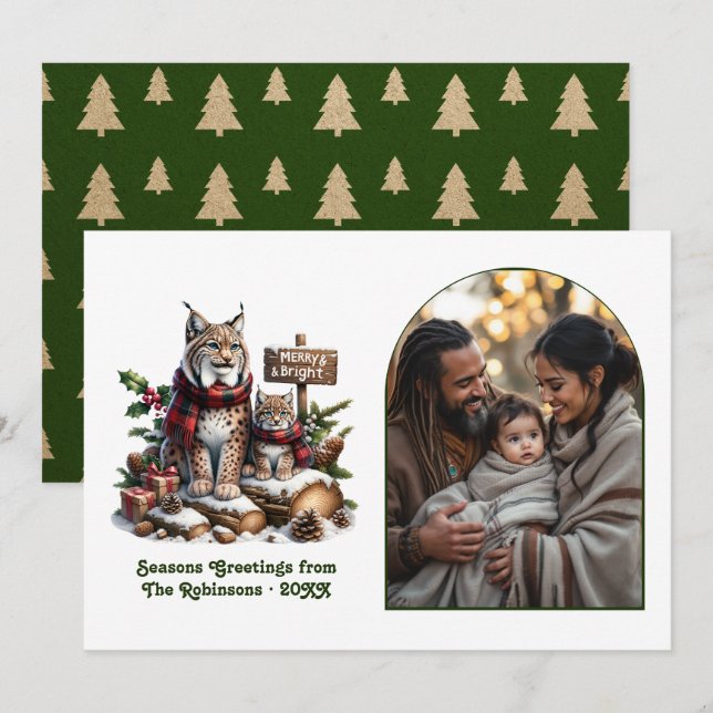 Woodland Lynx Family Merry & Bright Christmas Holiday Card (Front/Back)