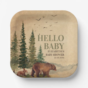Woodland Mama Bear & Cub Baby Shower Paper Plate