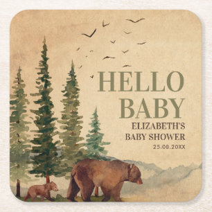 Woodland Mama Bear & Cub Baby Shower Square Paper Coaster