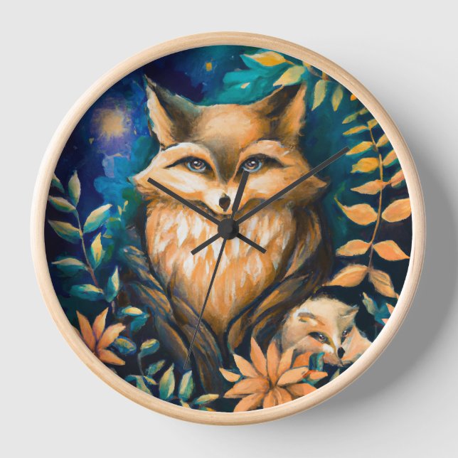 Woodland midnight FOX - kids room Clock (Front)