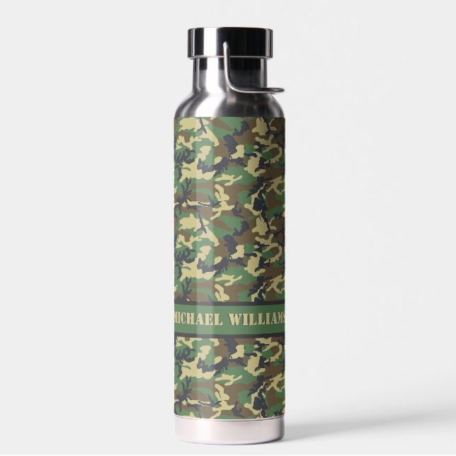 Woodland Militairy Camo Print - Personalised Water Bottle (Left)
