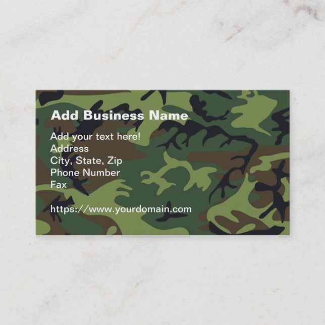 Woodland Military Green Camouflage & QR Code Business Card (Front)