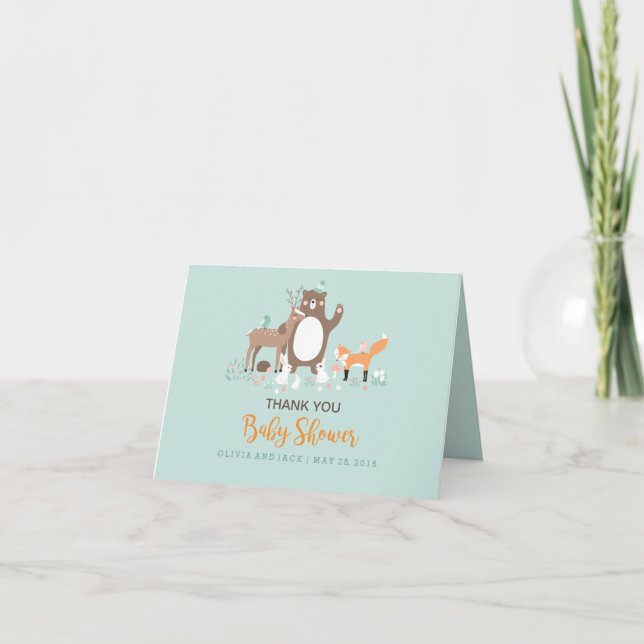 Woodland Mint Orange Baby Shower Thank You Card (Front)