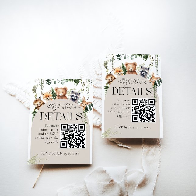 Woodland Modern Baby Shower Details QR Code Enclosure Card (Creator Uploaded)