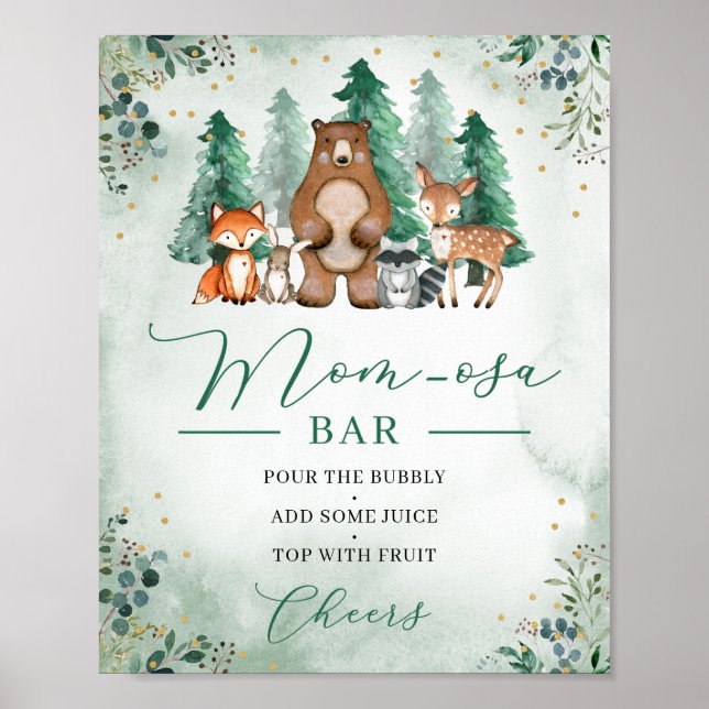 Woodland momosa bar sign animals Baby Shower (Front)
