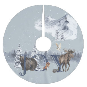Woodland Moose Bear Snow JOY Mountain Scene Brushed Polyester Tree Skirt