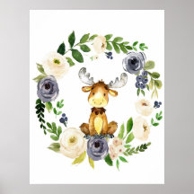 Woodland moose navy floral nursery print