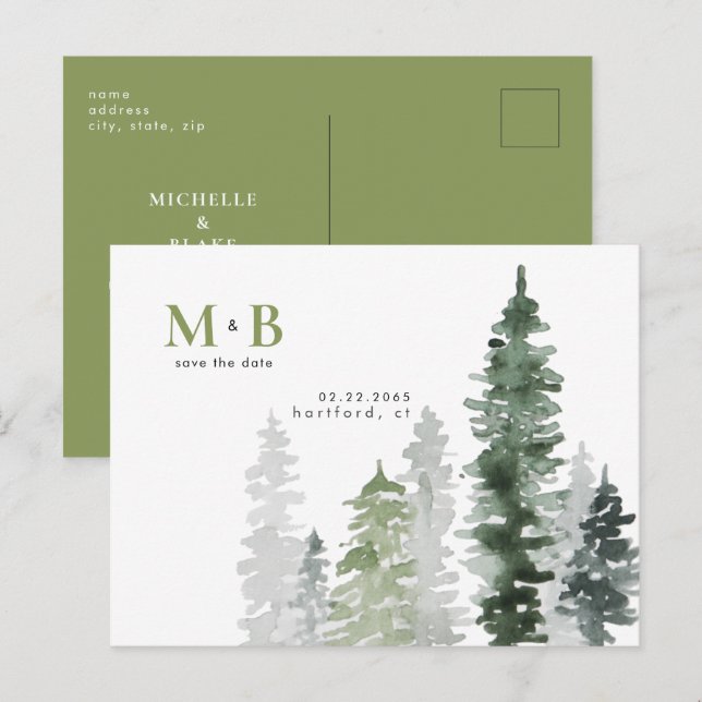 Woodland Moss Green Monogram Save the Date  Postcard (Front/Back)