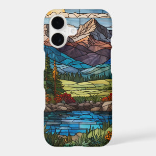 Woodland mountain scene vintage stain glass