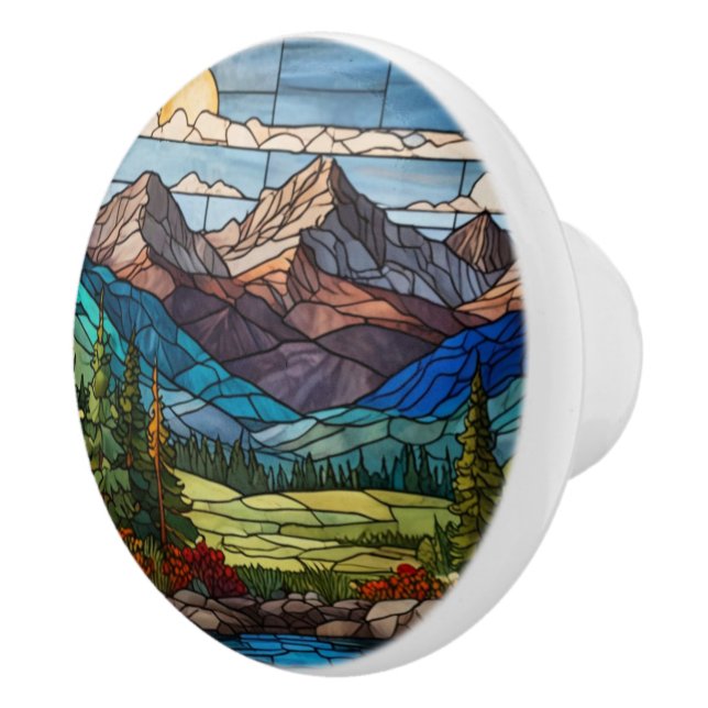 Woodland mountain scene vintage stain glass ceramic knob (Right)