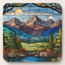 Woodland mountain scene vintage stain glass