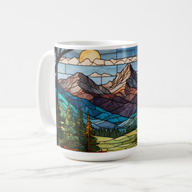 Woodland mountain scene vintage stain glass coffee mug (Front Left)