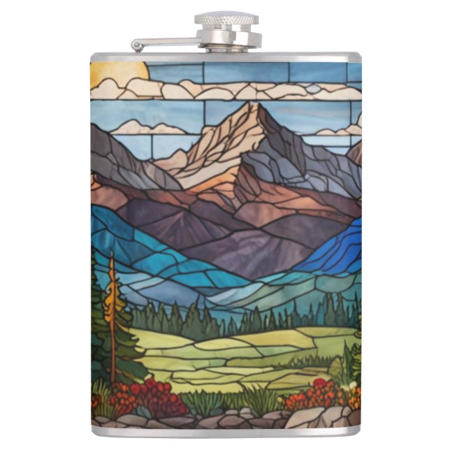 Woodland mountain scene vintage stain glass hip flask (Front)