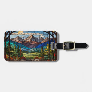 Woodland mountain scene vintage stain glass luggage tag