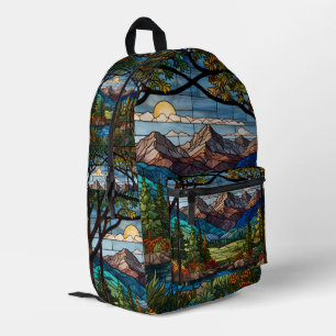 Woodland mountain scene vintage stain glass printed backpack