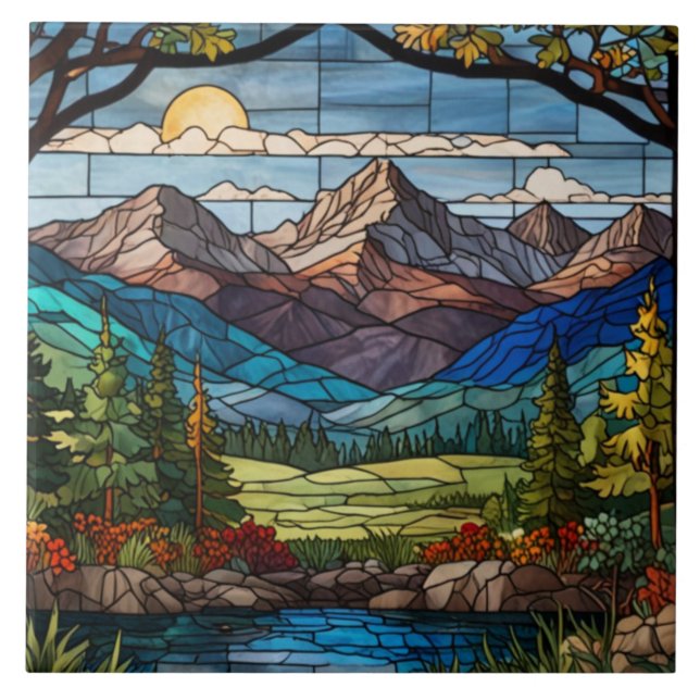 Woodland mountain scene vintage stain glass tile (Front)