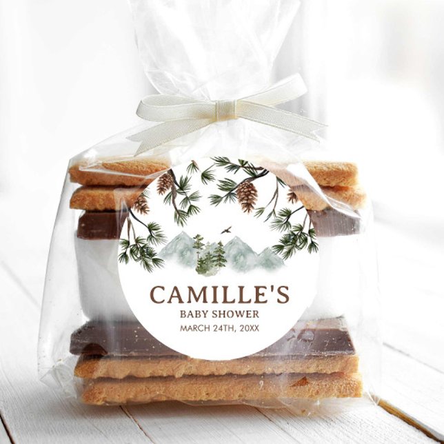 Woodland Mountains Boy Baby Shower Classic Round Sticker (Mountain Forest Baby Shower favor round sticker)