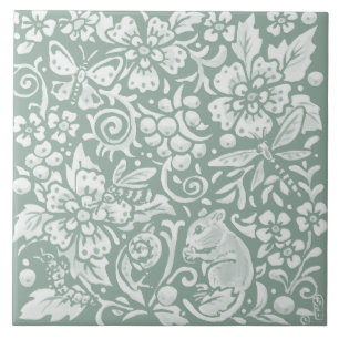 Woodland Mouse Sage Green Butterfly Bee Dragonfly Tile