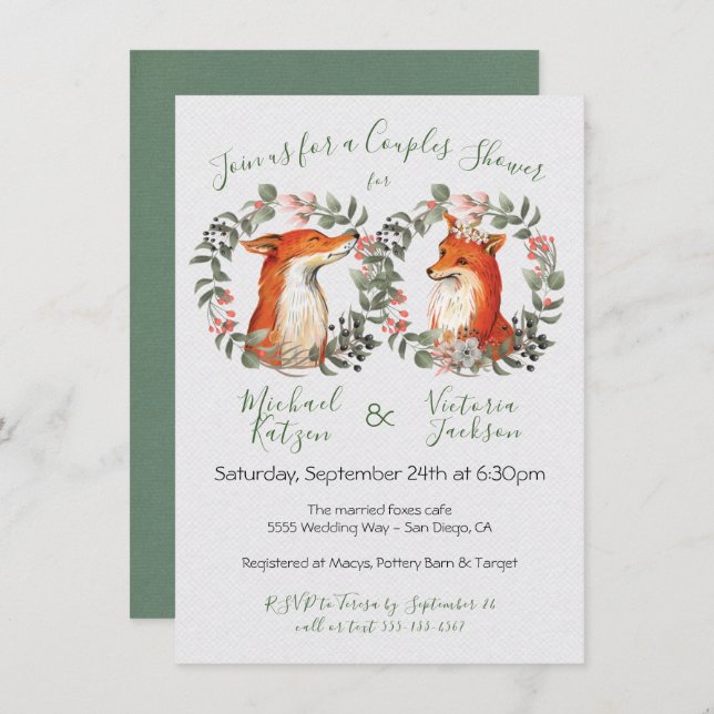 Woodland Mr. and Mrs. Fox portrait wreath Shower Invitation (Front/Back)