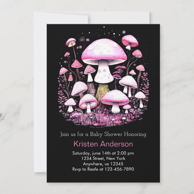 Woodland Mushroom Blissful Pink Girl Baby Shower Invitation (Front)