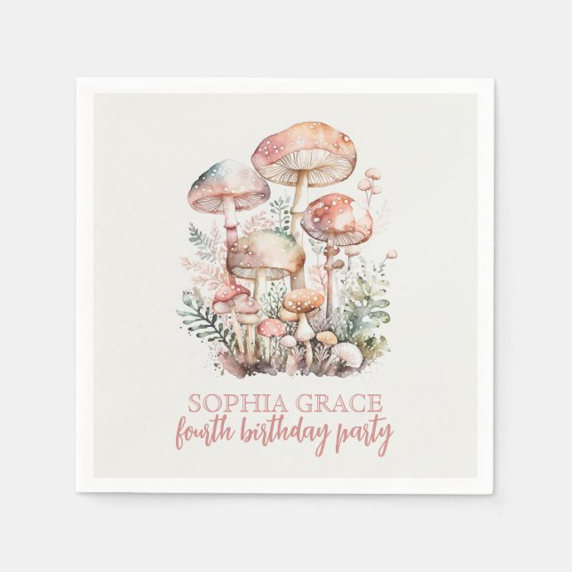 Woodland Mushroom Blush Pink Kids Birthday Party Napkin (Front)