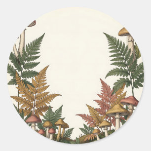 Woodland Mushroom Fern Botanical Border Design Classic Round Sticker