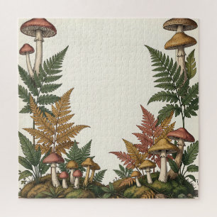 Woodland Mushroom Fern Botanical Border Design Jigsaw Puzzle
