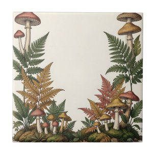 Woodland Mushroom Fern Botanical Border Design Tile