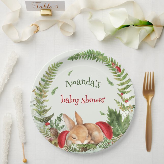 Woodland mushroom fuzzy bunny baby shower  paper plate (Wedding)