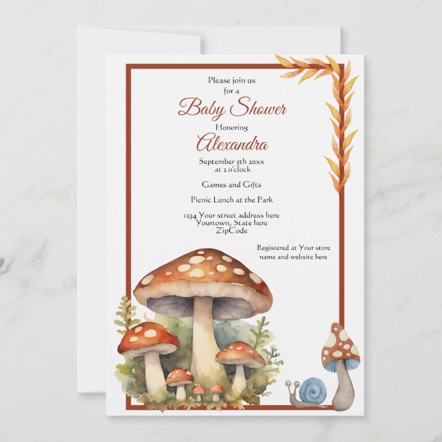 Woodland Mushroom Gender Neutral Baby Shower Invitation (Front)