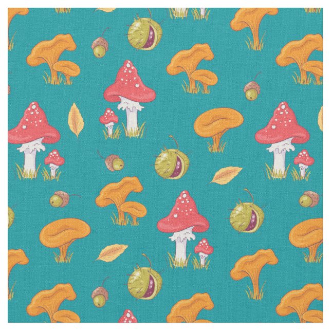Woodland Mushroom Pattern Fabric (Close Up)