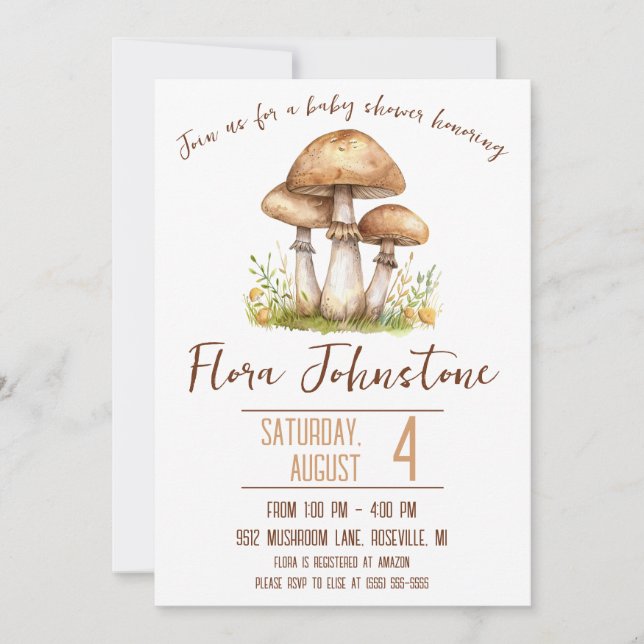 Woodland Mushroom Themed Baby Shower Invitation (Front)