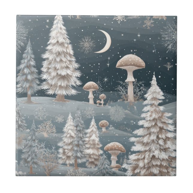 Woodland Mushroom Winter Forest Pattern Tile (Front)