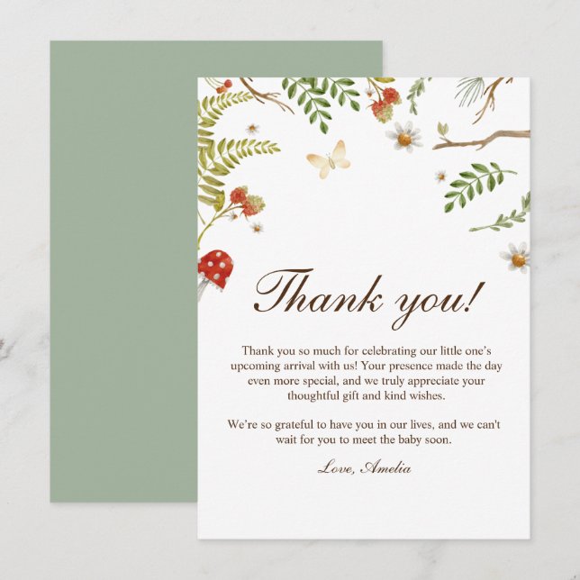 Woodland mushrooms gender neutral baby shower thank you card (Front/Back)