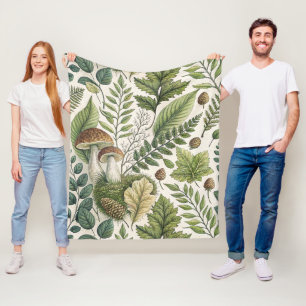 Woodland Mushrooms Pinecones Ferns Autumn Pattern Fleece Blanket