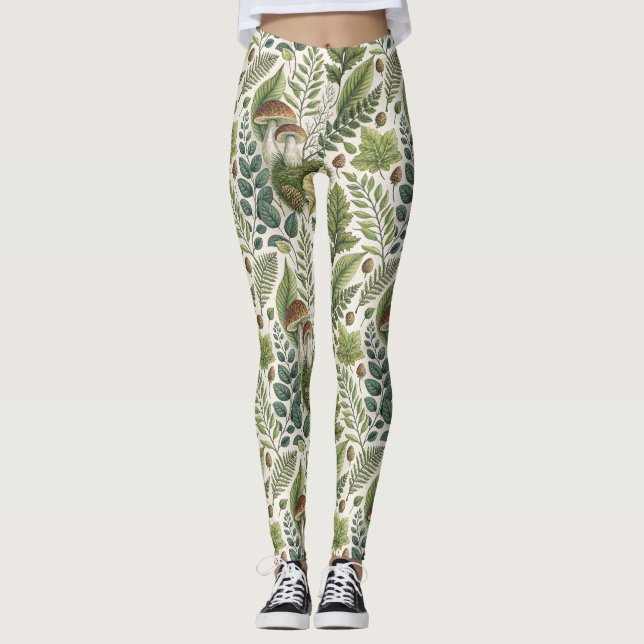 Woodland Mushrooms Pinecones Ferns Autumn Pattern Leggings (Front)