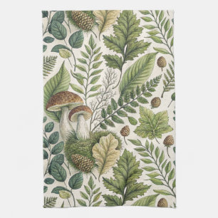 Woodland Mushrooms Pinecones Ferns Autumn Pattern Tea Towel