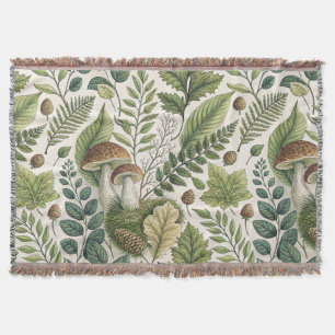 Woodland Mushrooms Pinecones Ferns Autumn Pattern Throw Blanket