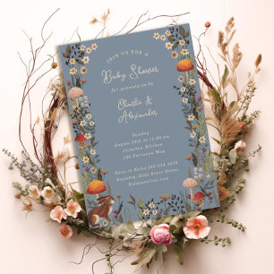woodland mushrooms wildflowers blue baby shower invitation