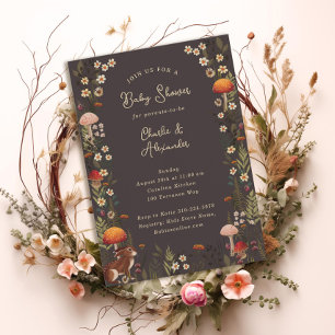 woodland mushrooms wildflowers grey baby shower invitation