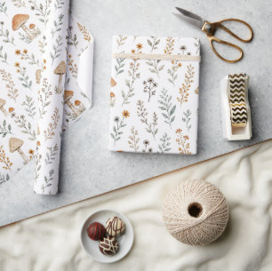 Woodland Mushrooms, Wildflowers, Leafy Botanical Wrapping Paper