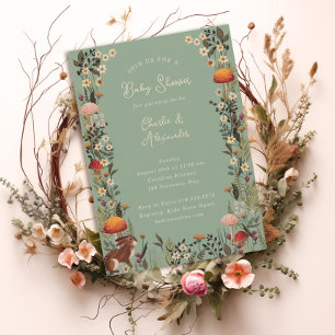 woodland mushrooms wildflowers sage baby shower  invitation