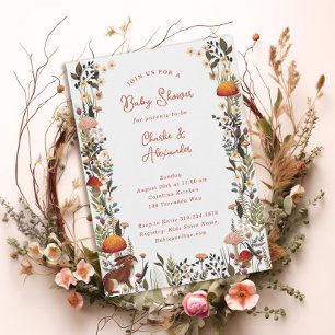woodland mushrooms wildflowers white baby shower invitation