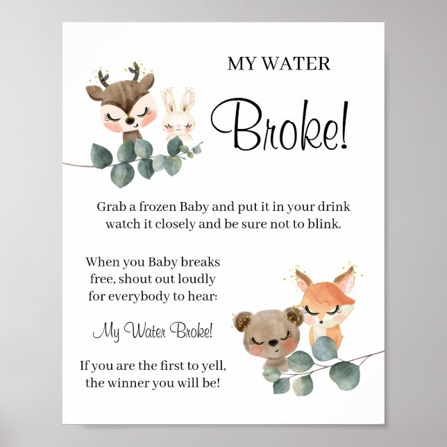 Woodland My Water Broke Baby shower game sign (Front)