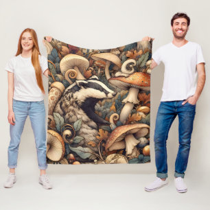 Woodland Nature Colours Mushrooms Badger Whimsical Fleece Blanket