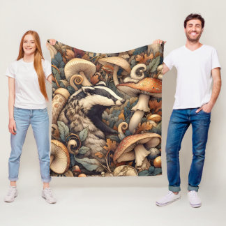 Woodland Nature Colours Mushrooms Badger Whimsical Fleece Blanket