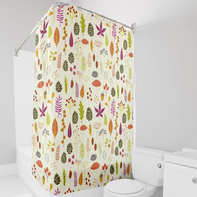 Woodland Nature Shower Curtain (Woodland forest leaves berries and cones pattern art shower curtain)