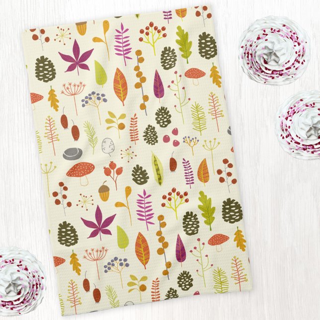 Woodland Nature Tea Towel (Nature leaves, pine cones and berries pattern art kitchen tea towel)