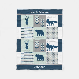 Woodland - Navy Blue, Grey, Mint Green Fleece Blanket